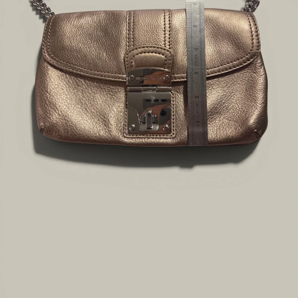 Michael Kors Rose Gold Metallic Leather Shoulder Bag Chain Strap Push Lock Small